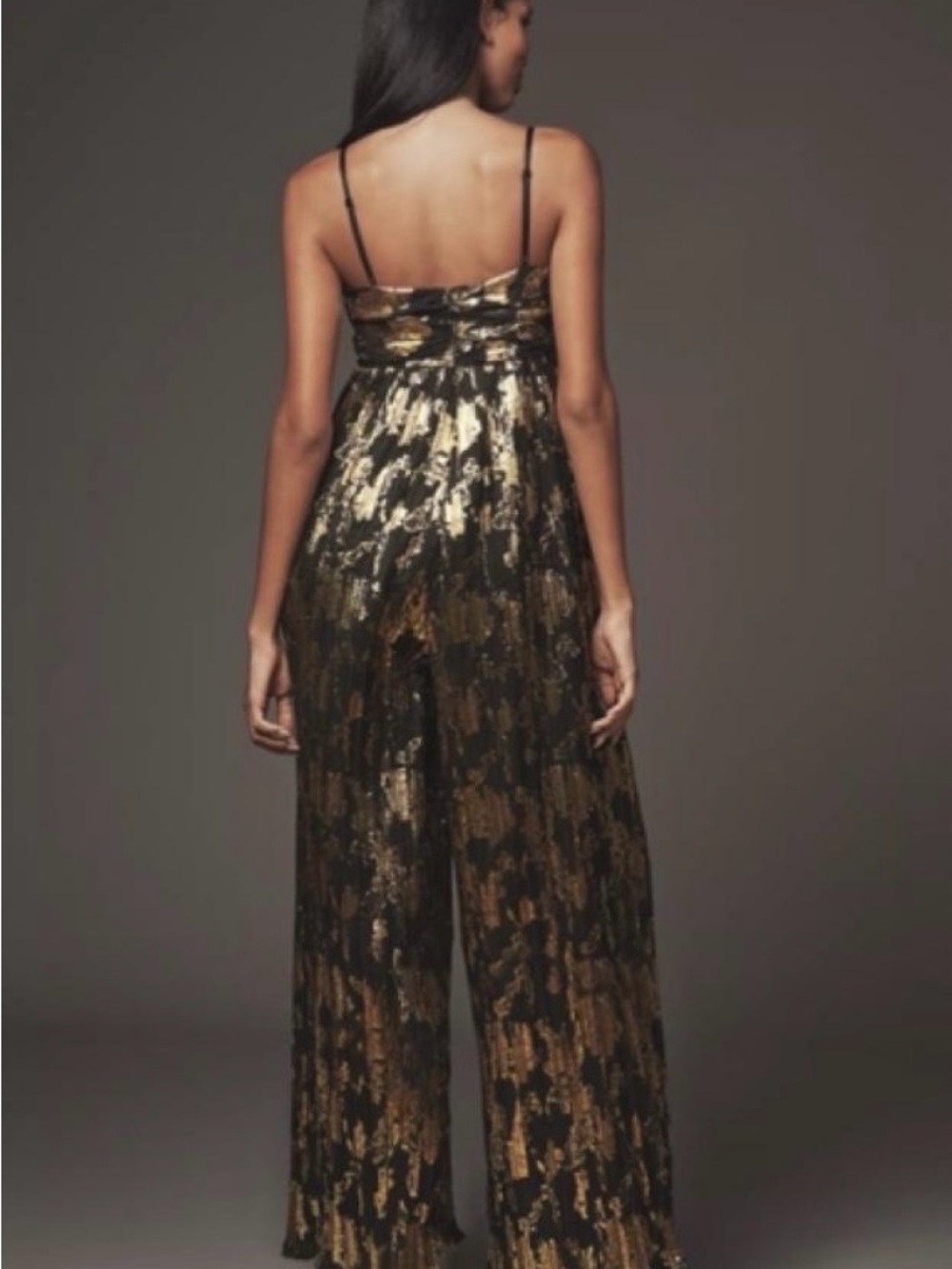 NWT Anthropologie Hutch Black and Gold Metallic Strap Jumpsuit Medium - Picture 2 of 5